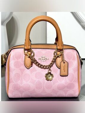 COACH POWDER PINK Mini Rowan Crossbody Bag In Signature Canvas With Charms